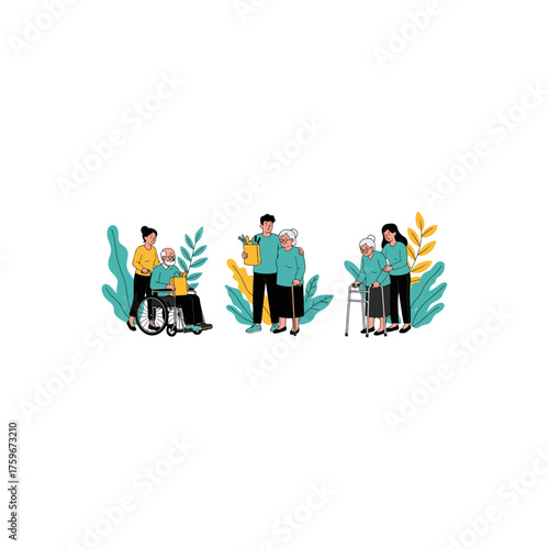 Caregivers assisting elderly people with mobility aids.