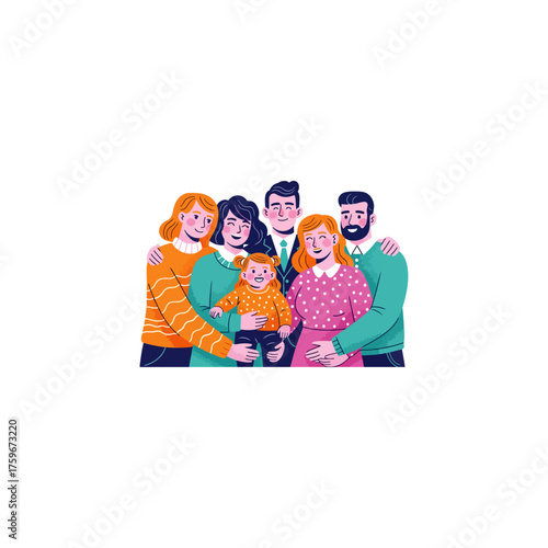 A happy family portrait with parents, grandparents, and a baby, all smiling and embracing each other.