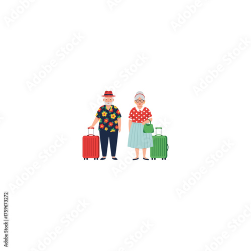 Elderly Couple Ready for Vacation with Luggage.