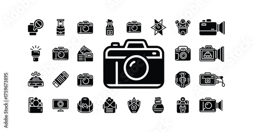 A collection of black and white icons related to photography and videography equipment set up silhouette