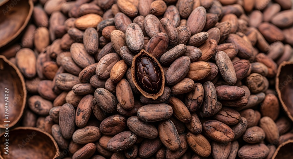 Obraz premium Close-up of raw cocoa beans with a broken pod, revealing the seed within, ready for chocolate production.