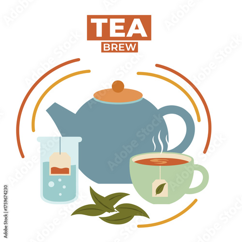 Illustrated vector set featuring a tea cup, teabag, green tea, teapot, and tea bag, depicting preparation, hot drink background, and brewing