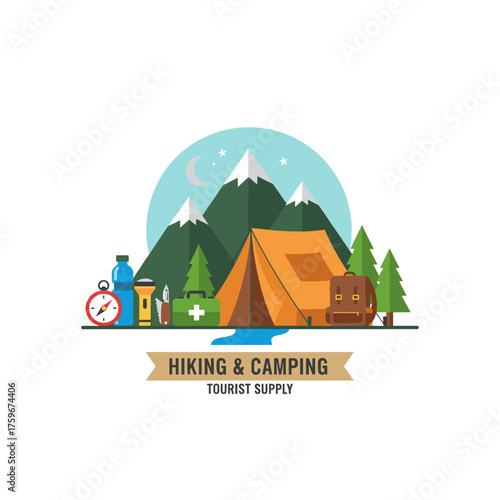 Vector illustration of a flat background featuring a tourist's survival kit, camping tent, and hiking equipment for an outdoor adventure