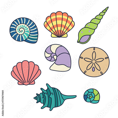 This set includes hand‑drawn seashells in various shapes and colors, featuring eight vivid, stylized illustrations, each with its own distinct shape and pattern