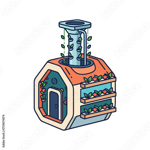 Futuristic vertical farm greenhouse with plants growing indoors.