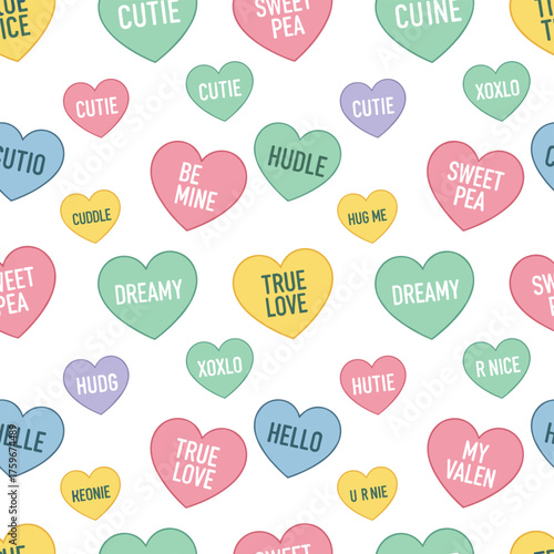 A seamless pattern featuring sweet heart‑shaped candies, with a background of sweetheart sweets for Valentine’s Day, showcasing sugar hearts and a heart‑shaped message letter on the candy backdrop
