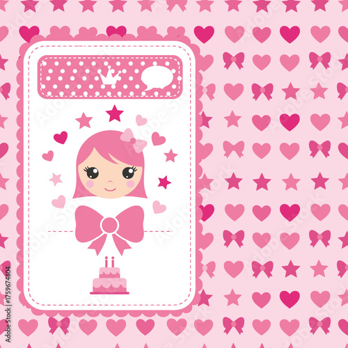 A seamless abstract pink background vector illustration featuring hearts, stars, and bows, designed as a girlish Lol surprise doll-themed decoration banner and invitation card template