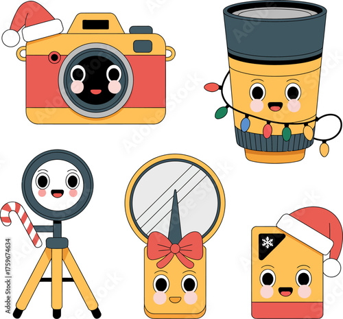 Cute cartoon photographer tools with Christmas theme – smiling camera, camera lens, tripod, reflector, light meter, and memory card with festive decorations