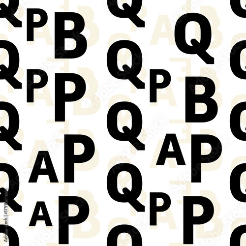 Black bold Latin letters form a seamless vector alphabet pattern against a repeatable, unusual white background, creating a trendy fashion design featuring the letter q