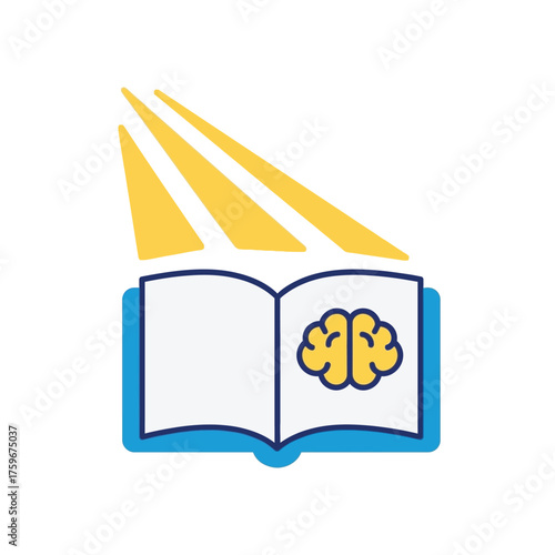 An open book with a brain and beams of light emanating from it.