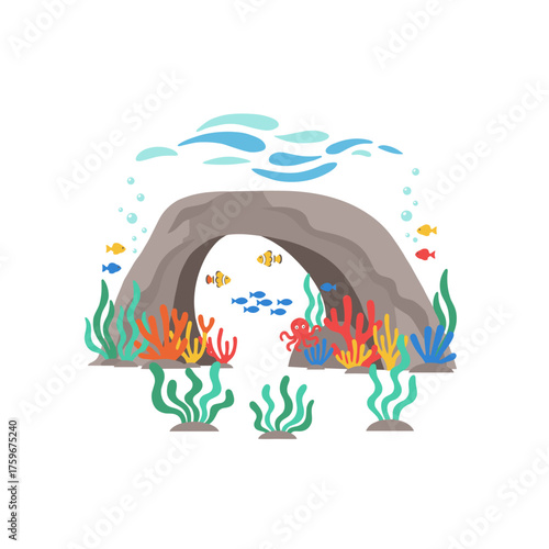 A vector marine illustration of an underwater ocean scene with a seaweed‑covered seabed, an ocean cave, fish, a coral reef, and waves of algae