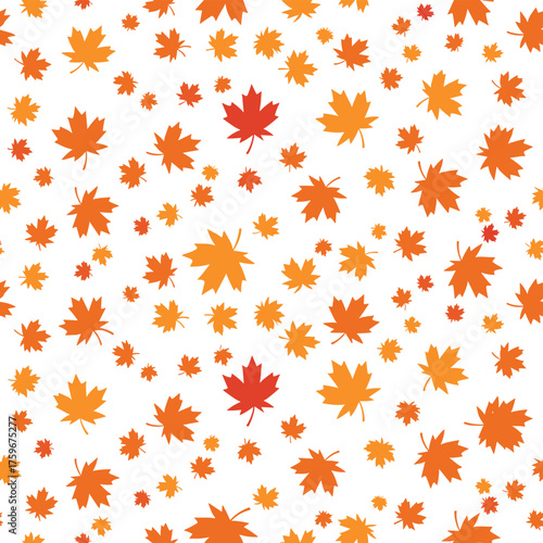 An abstract, seamless autumn pattern featuring fluttering orange maple leaves