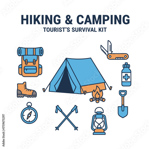 A vector illustration of flat icons for hiking and camping, including a tourist's survival kit, a camping tent, and other outdoor adventure equipment