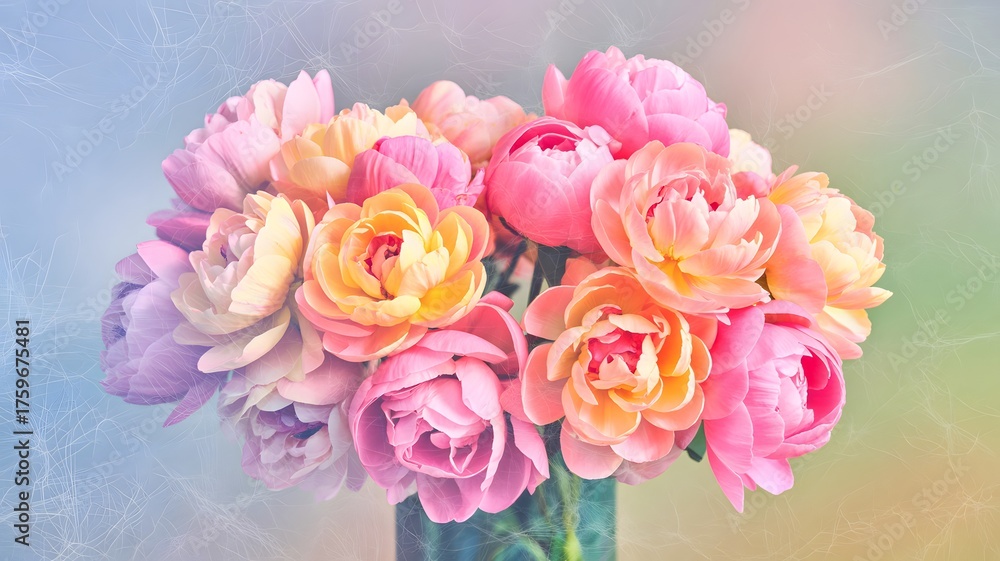 Fototapeta premium A beautiful bouquet of soft pink, peach, and yellow peonies with delicate petals, artfully arranged in a vase, presented with a dreamy, pastelcolored textured background