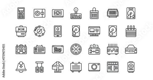 Collection of various technology and office icons arranged in a grid on a white background silhouette