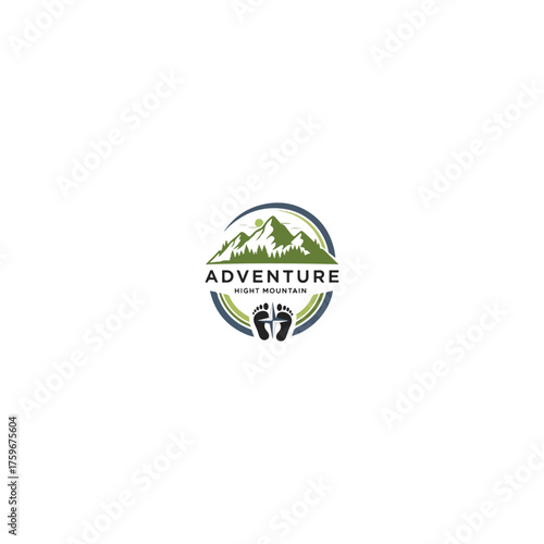 Adventure Logo Featuring Mountain, Trees, Footprints, and Circular Design.