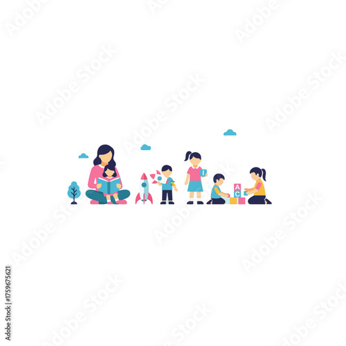 Childrens Learning and Playtime with Caregiver in a Playful Environment.