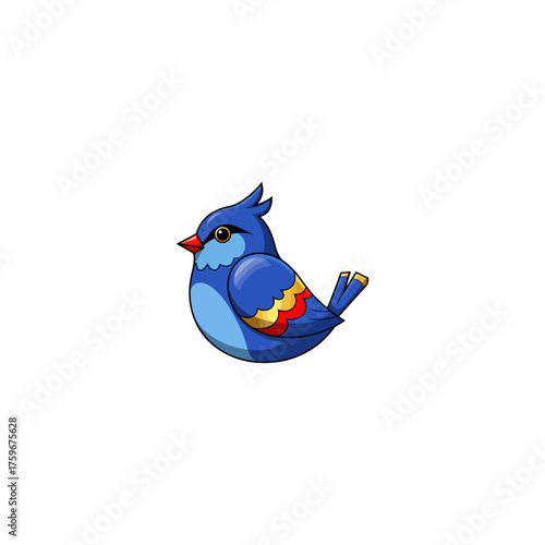 Cute Blue Bird Cartoon Illustration with Red Beak and Yellow Feathers.