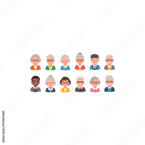 Diverse collection of elderly people avatar icons set.