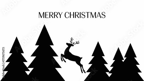 Elegant merry christmas greeting card featuring a leaping reindeer silhouette amidst stylized pine trees on a clean white background