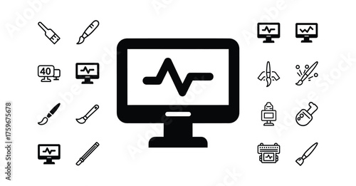 Illustration of art and design tools including paint brushes and computer monitors with graphs silhouette