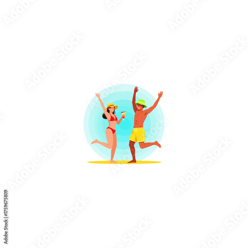 Joyful Couple Celebrating on the Beach with Drinks.