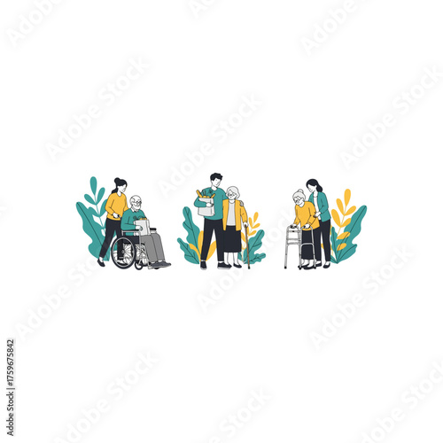 Illustrations of Caregivers Assisting Elderly Individuals with Mobility Devices.