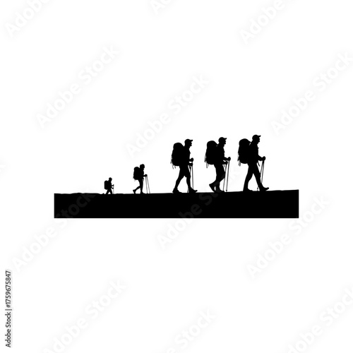 Silhouette of hikers walking in a line on a trail adventure journey.