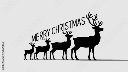 A line of silhouetted reindeer of varying sizes with the words merry christmas above them on a light grey background