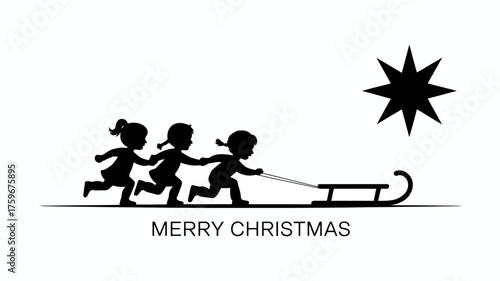 Children pulling a sleigh under a star with merry christmas text silhouette illustration