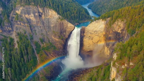 Aerial view of the snoqualmie falls with rainbow in washington, usa