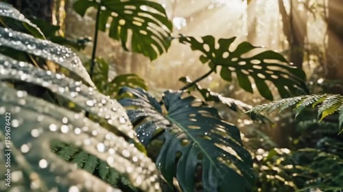 Close-up view of lush tropical rainforest foliage with morning sunlight streaming through the trees. Dewdrops sparkle on large green monstera and fern leaves, creating a fresh and vibrant atmosphere.