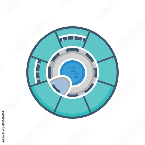 Abstract circular logo with teal and grey segments.