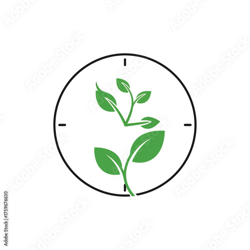 A clock face with a sprouting plant inside, symbolizing growth and time.