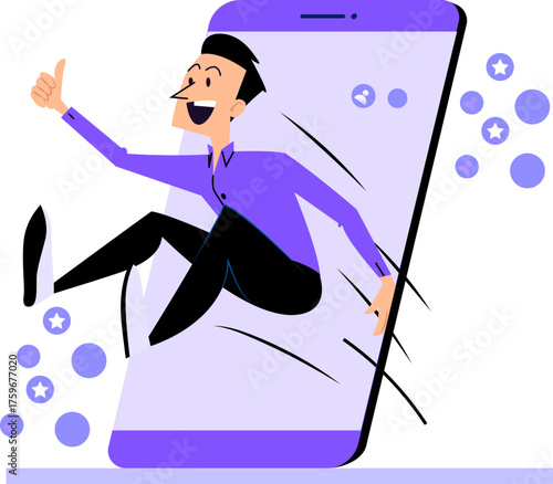 A Man Exiting from a Phone with Thumbs Up