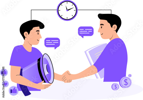 Business Deal Illustration with Handshake and Clock