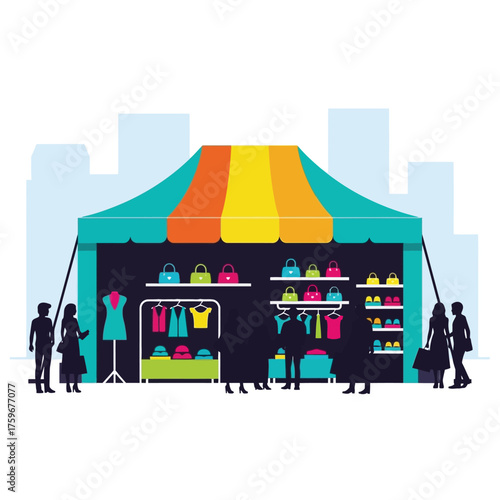 Outdoor market stall with colorful awning selling clothes and bags to silhouettes of people.