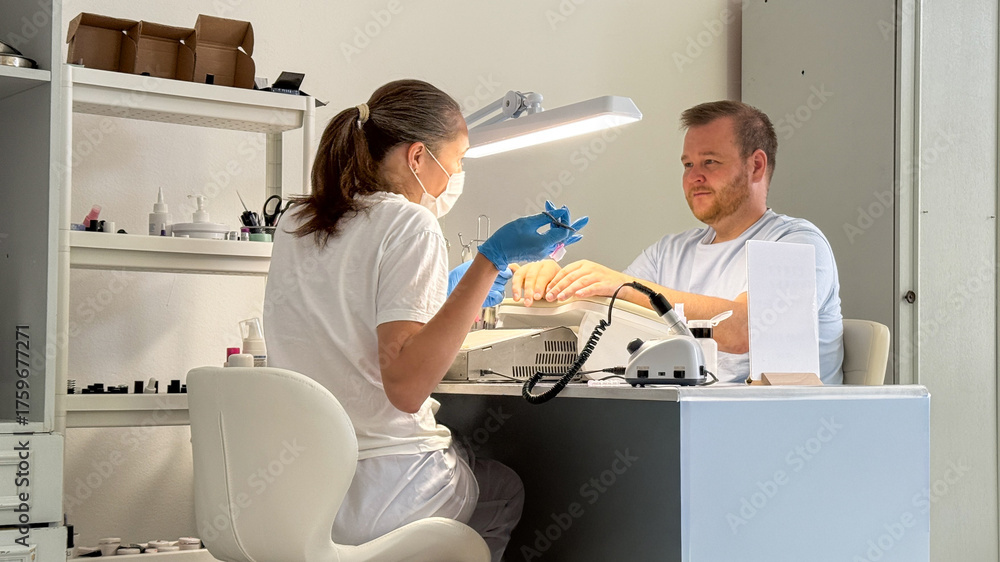 Obraz premium A meticulous Caucasian woman beautician meticulously tends to a Caucasian man's nails, evoking spa tranquility and Hygge comfort traditions