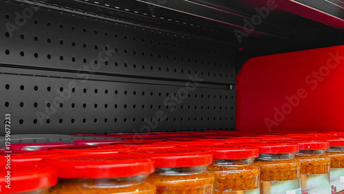 Rows of crimson-lidded jars linger in suspense on an empty shelf, evoking pantry preparation for National Pickle Day