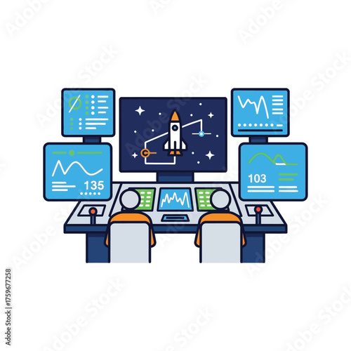 Space mission control room with two operators monitoring a rocket launch.