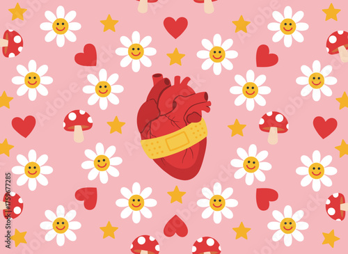 A seamless pattern featuring retro 70s and 60s hippie‑style groovy flowers, mushrooms, hearts, and medical patches, encouraging positive thoughts and good vibes, with a boho summer flower‑power