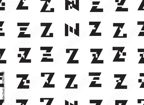 A vectorized, seamless alphabet pattern featuring bold black Latin letters set against a distinctive white background, creating a trendy fashion design centered on the letter Z