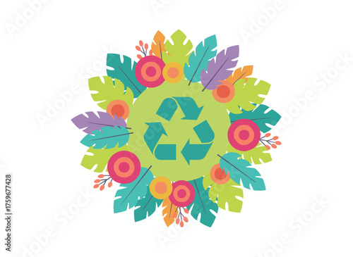 Recycle sign with leaves, flowers, and natural elements embodies a zero‑waste concept, sustainability idea, green recycling symbol, and the mantra of reduce, reuse, recycle, all while being