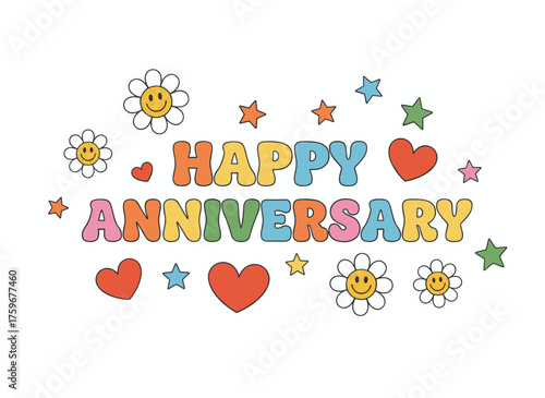 A vector illustration of a vintage-style anniversary badge featuring boho summer flower power and retro 70s/60s hippie groovy vibes, encouraging positive thoughts and good vibes