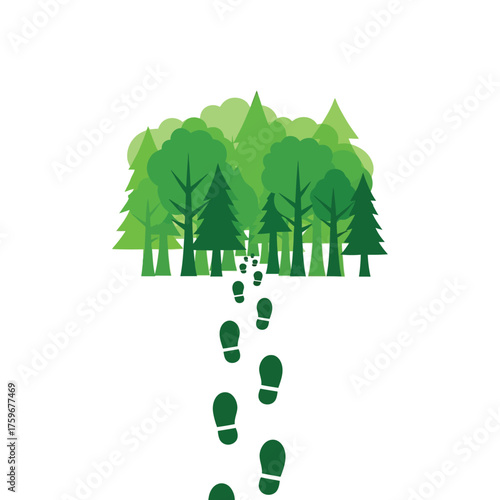 Footprints lead into a stylized green forest.