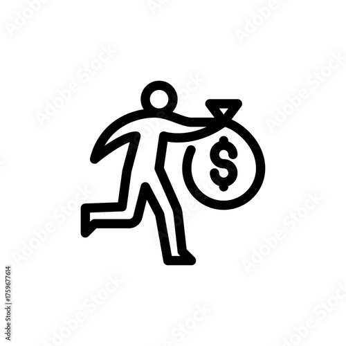 A man running while carrying a money bag outline icon. figure line art illustration.