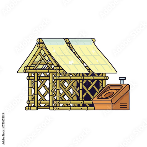 A simple bamboo structure with a thatched roof and an adjacent outdoor shower.