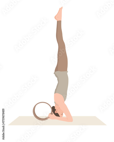Vector illustration of young woman in beige sportswear practicing sirsasana with yoga wheel. Young female doing headstand pose. Woman workout, fitness. Exercise for good posture, body strength.
