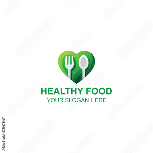 Green Heart Logo Design with Fork and Spoon for Organic Food and Nutrition with Creative Illustration