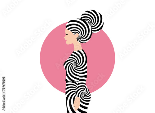 A woman's head profile features a tangled spiral inside the brain area, symbolizing thought, intellect, and mental acuity, representing a psychological concept of obsession and mental health